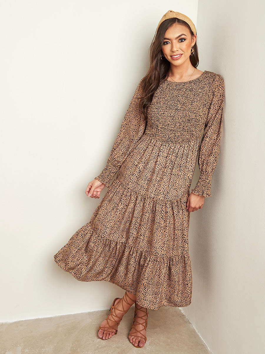 long sleeve dalmatian dress Women New Sweet Dalmatian Print Overlap V-Neck Flounce Sleeve Belted Dress S
