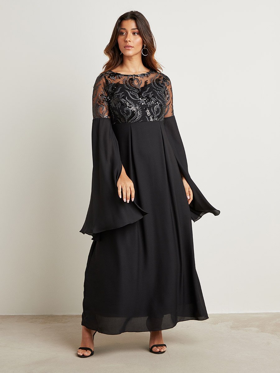 スーツ・フォーマル・ドレス UPPER EMBROIDERY FLARE DRESS Flare Slit Sleeves Embellished Yoke A-Line Maxi Dress For Women at