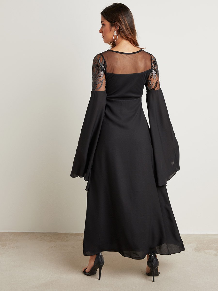 Flare Slit Sleeves Embellished Yoke A-Line Maxi Dress For Women at Saudi |  Styli