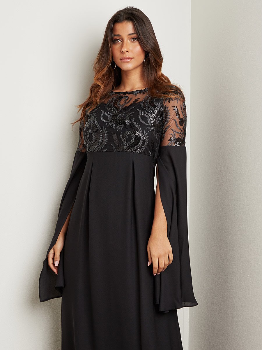 Flare Slit Sleeves Embellished Yoke A-Line Maxi Dress For Women at Saudi |  Styli