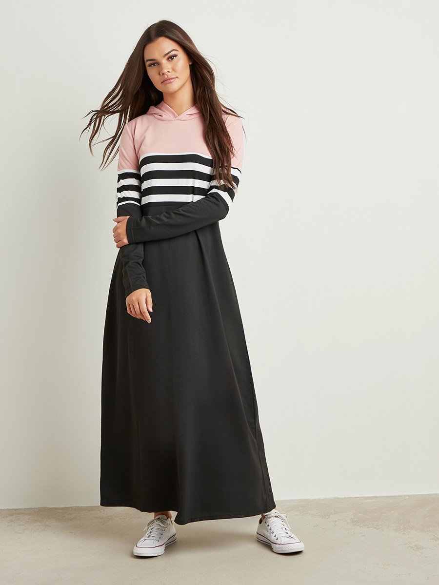 knee length dresses for ladies Hooded Long Sleeve Maxi Dress in Fire Red