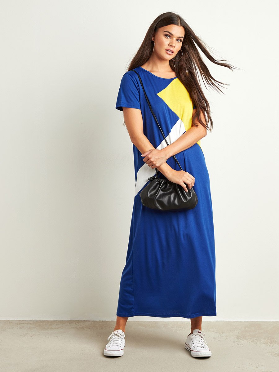 Color Block Panel Relaxed Fit T-shirt Maxi Dress For Women at Saudi | Styli