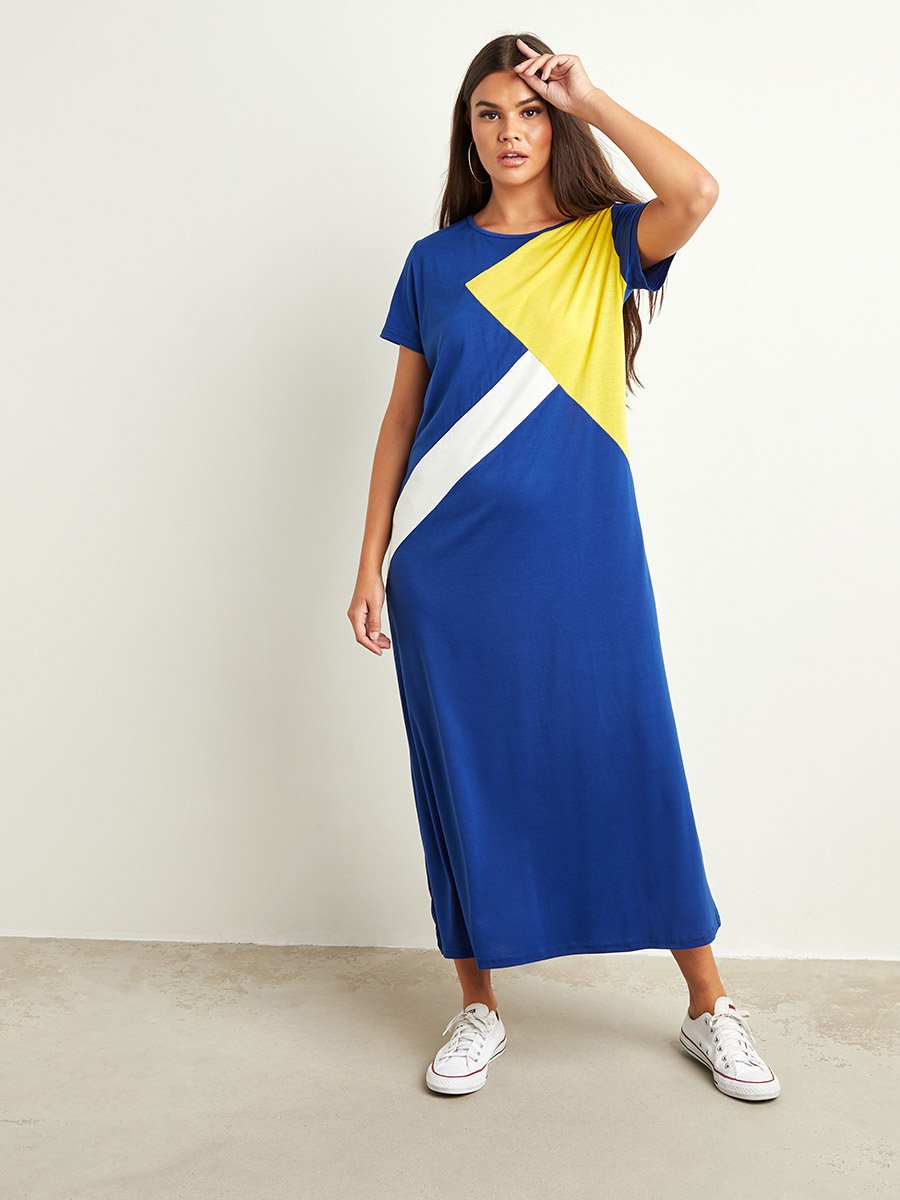 Color Block Panel Relaxed Fit T-shirt Maxi Dress For Women at Saudi | Styli