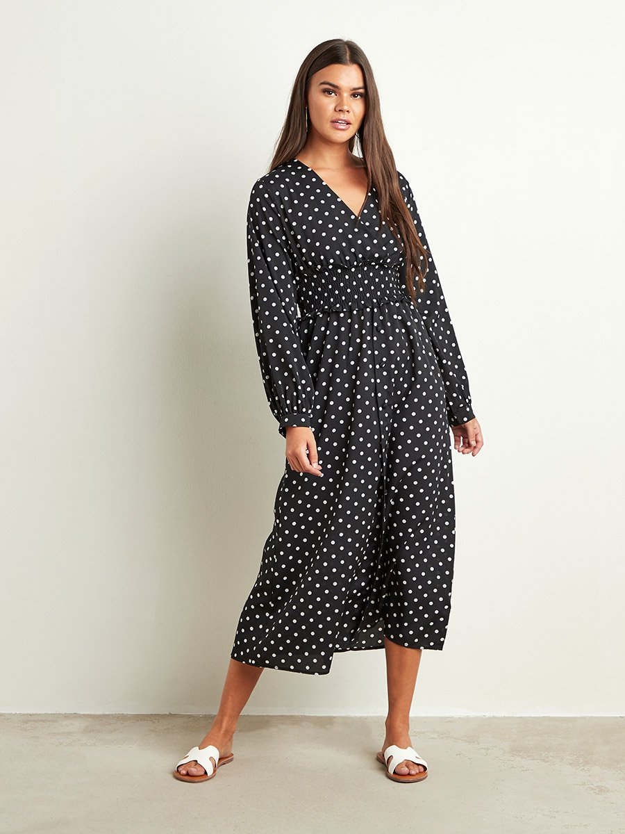 shirred polka dot midi dress Navy Mid Puff Sleeve Shirred Maternity Midi Dress