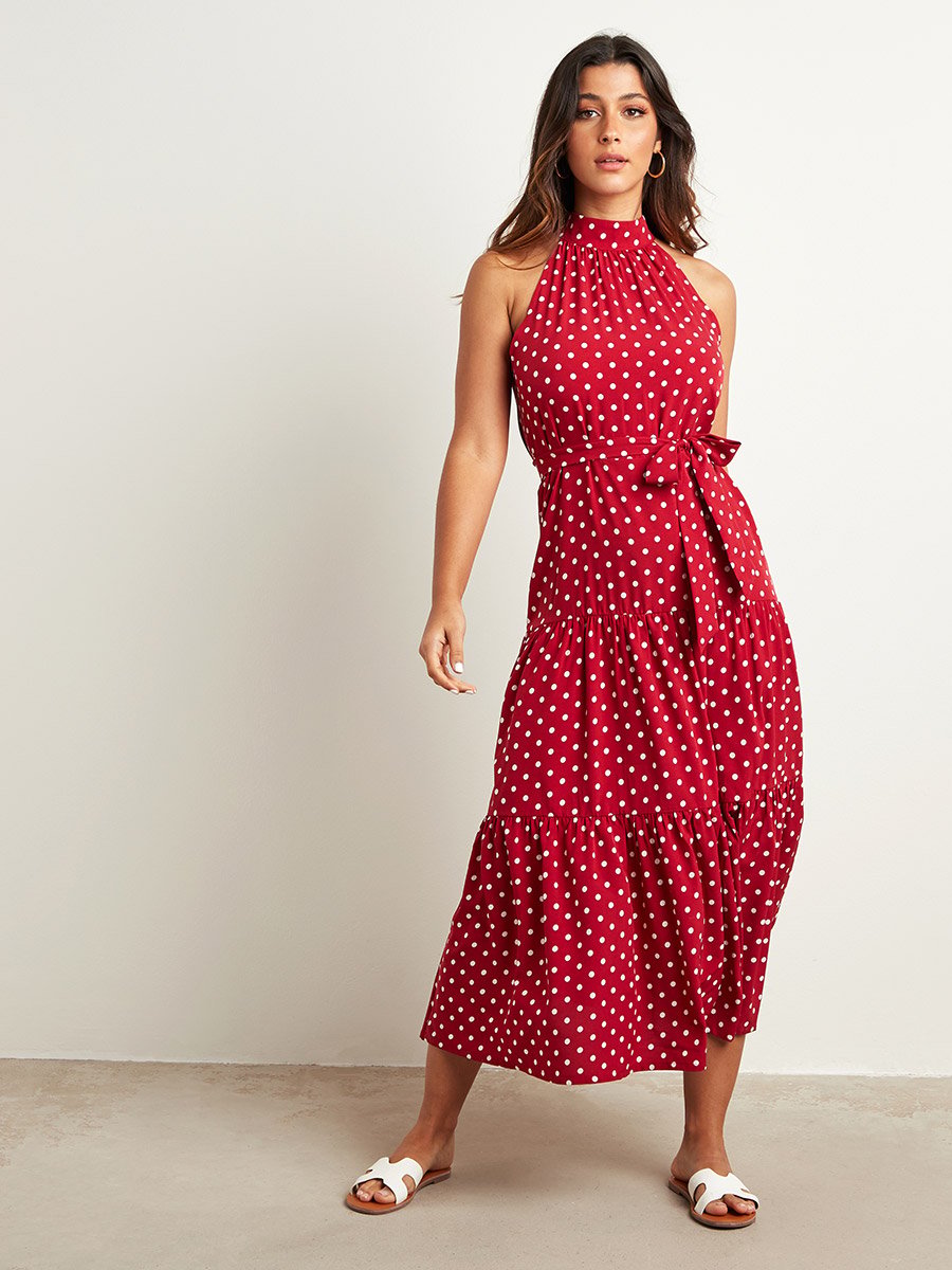 open lace back dress Rilley Red Polka Dot Halter Neck Mini Dress - US 14
