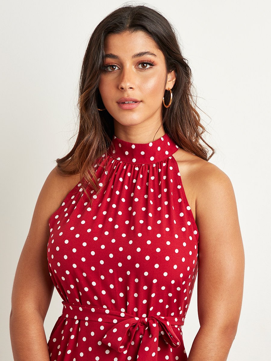 open lace back dress Polka Dots Halter Audrey Hepburn Style 1950s Vintage Dress with Bow Backless Red / S main image 0