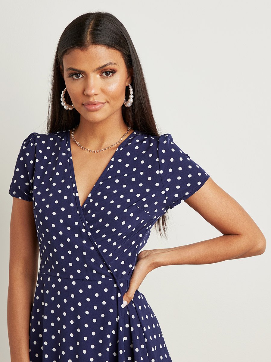 V Neck Polka Dot Wrap A-Line Midi Dress For Women at Saudi | Styli V Neck Polka Dot Wrap A-Line Midi Dress For Women at Saudi | Styli