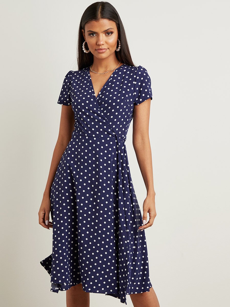 blue and white polka dot wrap dress Blue Polka Dot Luna Midi Dress main image 1
