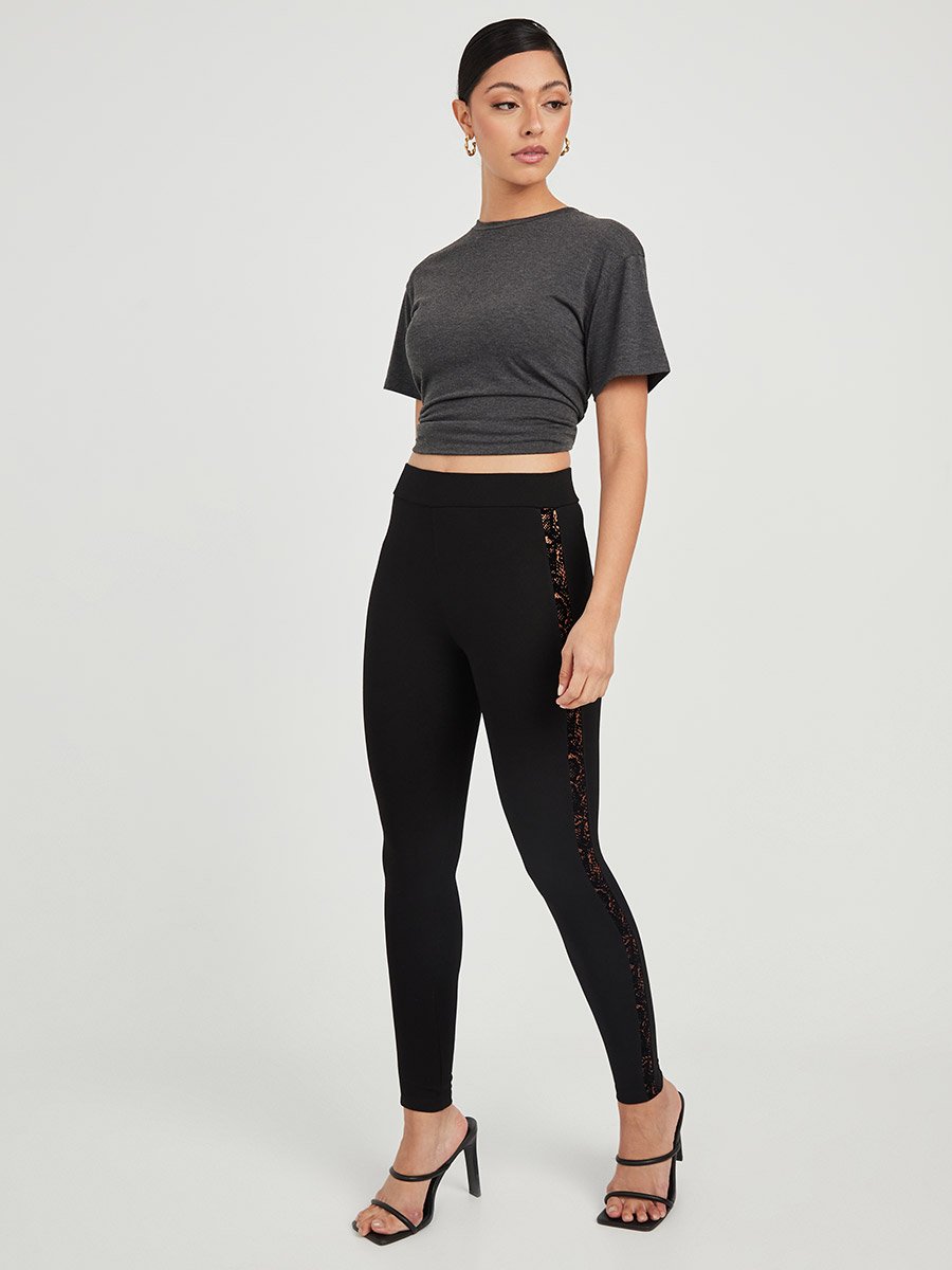 Velvet Side Snake Print Panel Leggings