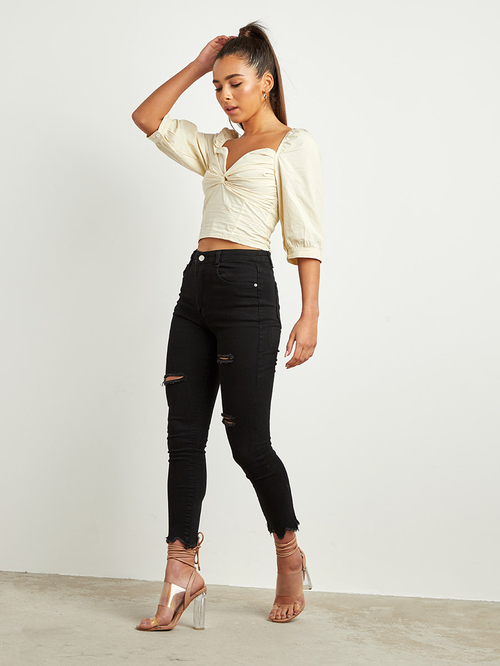 Frayed hem black skinny jeans hot sale