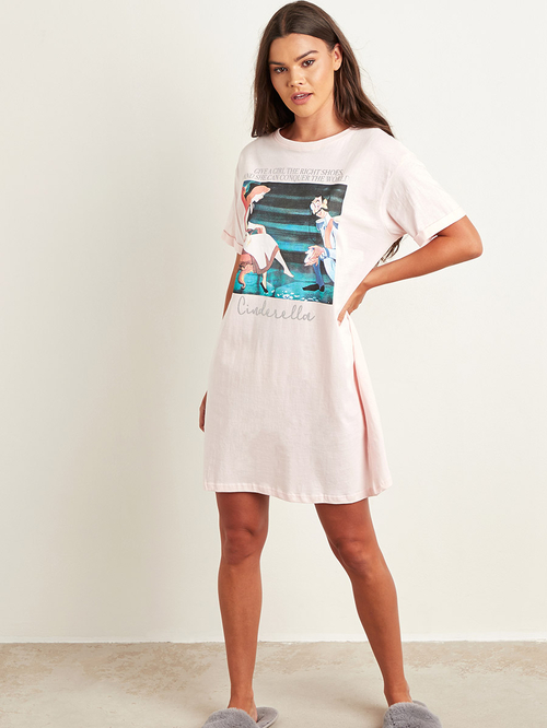 Buy Cotton Disney Cinderella Printed Sleep T shirt Dress Pink For Women Styli UAE