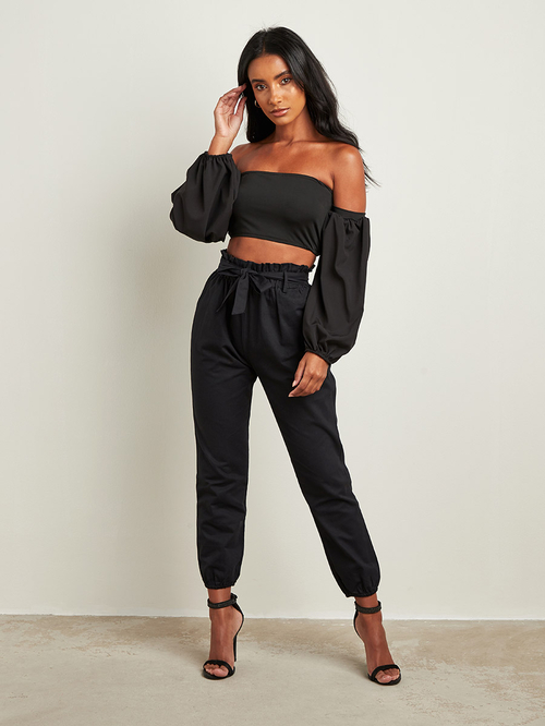 Buy High Waist Casual Joggers with Paper Bag Waist Black For Women Styli Saudi