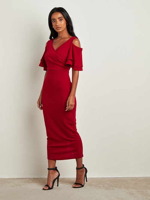 Buy Wrap Front Cold Shoulder Midi Dress Burgundy For Women Styli Kuwait