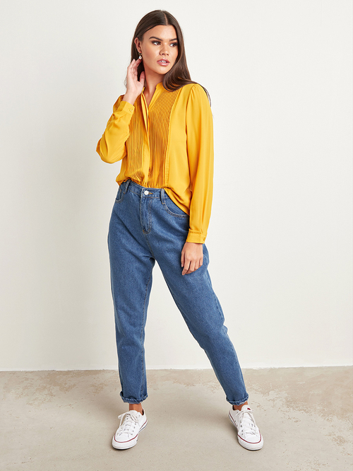 Buy Concealed Button Closure Pleated Tunic Blouse Yellow For Women Styli UAE