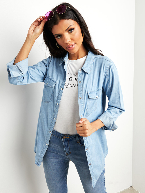 Buy Western Longline Denim Shirt with Chest Pocket Blue For Women Styli UAE