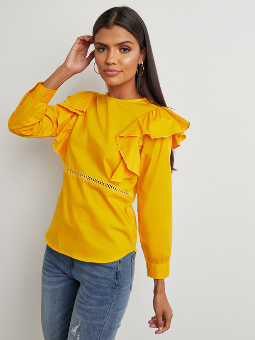 Mustard ruffle top deals