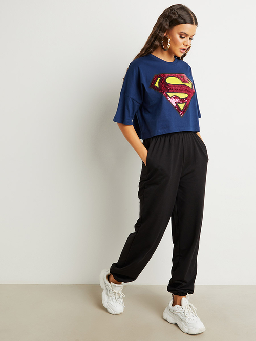 Buy DC Comics Sequined Superwoman Boxy Crop T shirt Navy Blue For Women Styli UAE