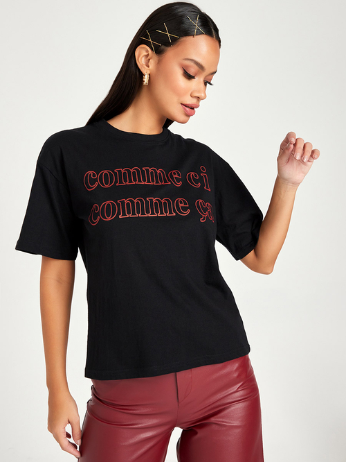 Buy Comme Ci Comme Ca Slogan Print Regular Fit T shirt Black For Women Styli Kuwait