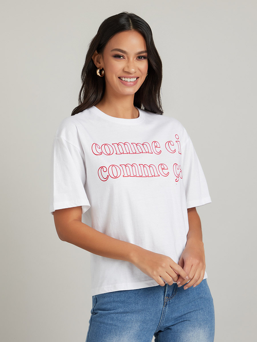 Buy Comme Ci Comme Ca Slogan Print Regular Fit T shirt White For Women Styli Saudi