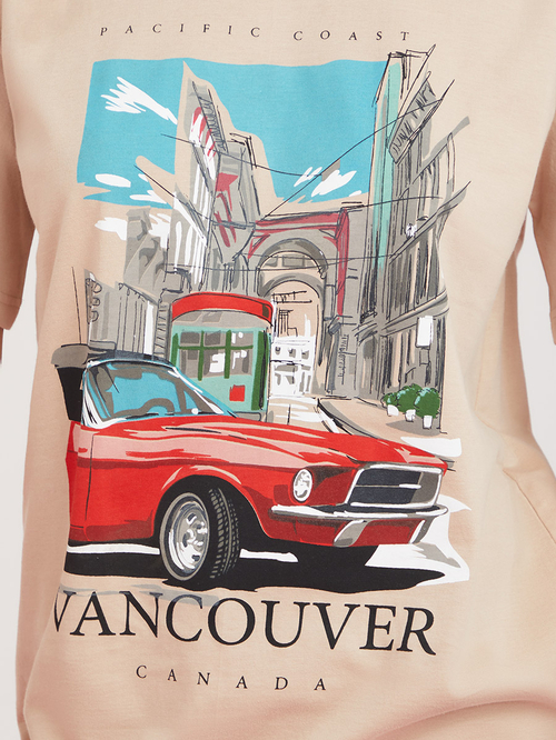 Buy Vancouver Car Graphic Oversized Longline T shirt Beige For Women Styli Saudi