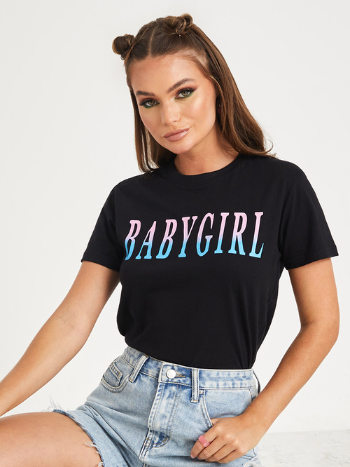 Buy Shorts Sleeves Baby Girl Ombre Slogan Regular Fit T shirt Black For Women Styli Saudi