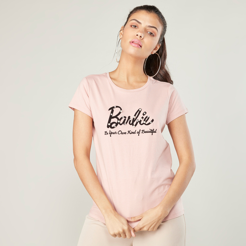 Buy Barbie Slogan Printed T shirt with Round Neck and Pearl Detail