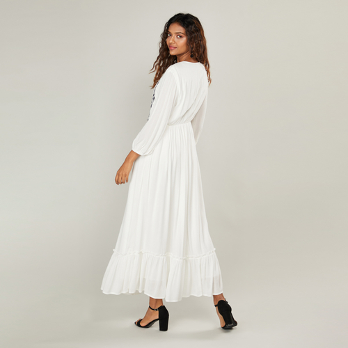 Buy Embroidered Yoke A Line Maxi Dress with Long Sleeves White For Women Styli UAE