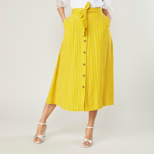 Buy Striped A Line Midi Skirt with Waist Tie Ups Yellow For Women Styli Kuwait