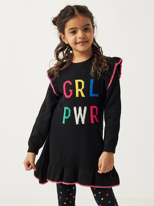 Buy GRL PWR Print Knitted Sweater Dress and Stocking Set Black For Kids Styli Saudi