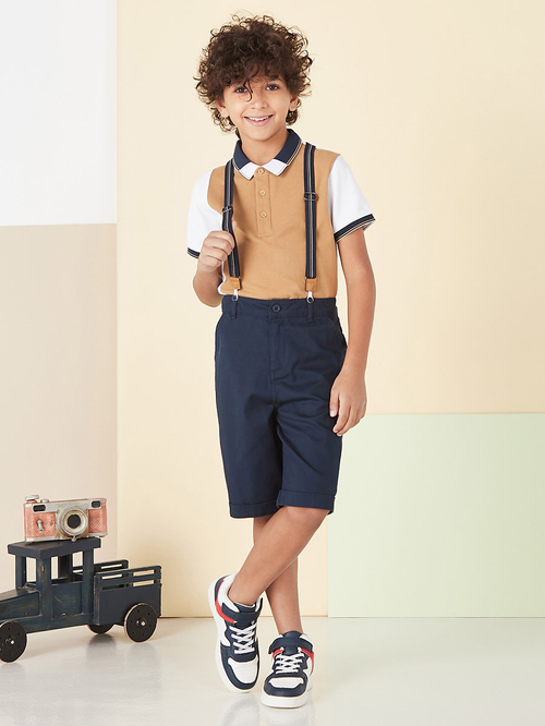 Buy Set of 3 Colorblock Polo T Shirt Shorts with Suspenders Brown For Kids Styli Saudi