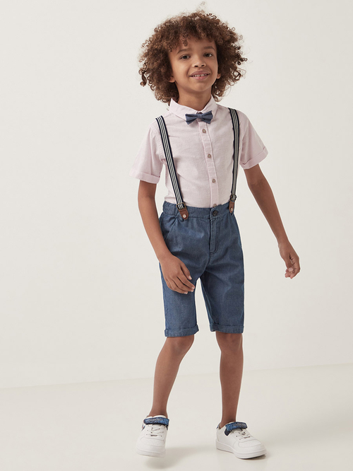 Buy Short Sleeves Shirt and Shorts Set with Bow Tie and Suspenders Multi For Kids Styli UAE