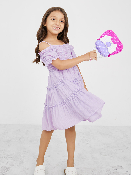 Buy Cold Shoulder Sleeve Shirred Tiered Dress Purple For Kids Styli Kuwait