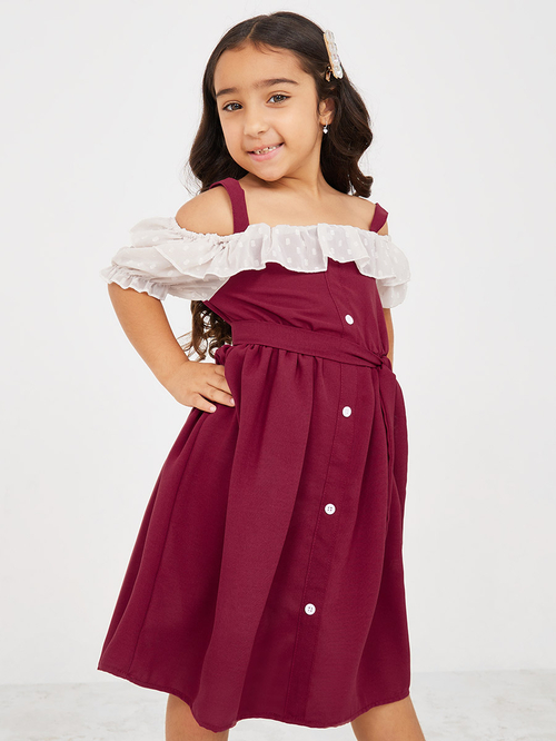 Buy Ruffle Swiss Dot Trim Cold Shoulder Cami Dress Red For Kids Styli Kuwait