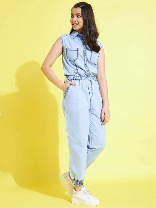 Sleeveless denim jumpsuit deals