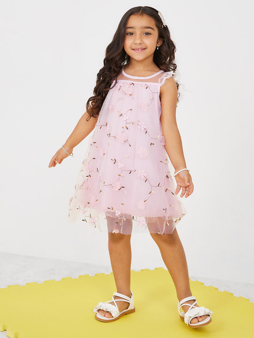 Buy Floral Embroidery Mesh Overlay Dress Pink For Kids Styli UAE