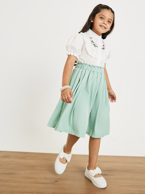 Buy Floral Embroidered Ruffle Detail Top Pleated Skirt Set Green For Kids Styli UAE