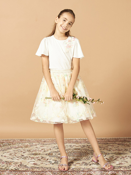 Buy Mesh Insert Embroidered Skirt Yellow For Kids Styli UAE