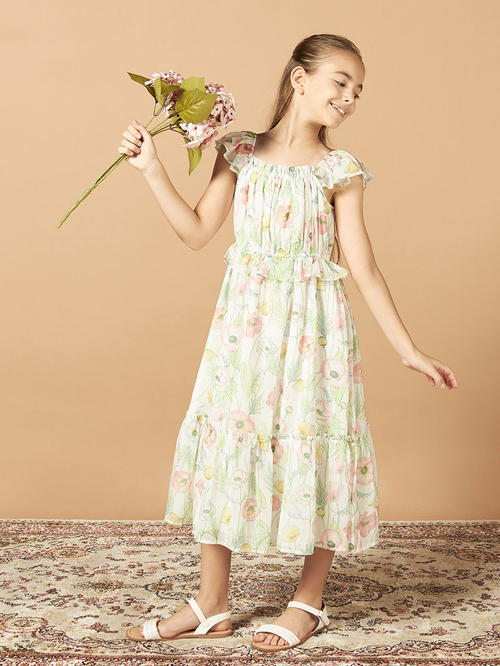 Buy Floral Chiffon Dress with Ruffle Detail Green For Kids Styli Kuwait