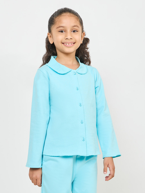 Buy Peter Pan Collar Long Sleeve Shirt Pyjama Set Blue For Kids Styli UAE