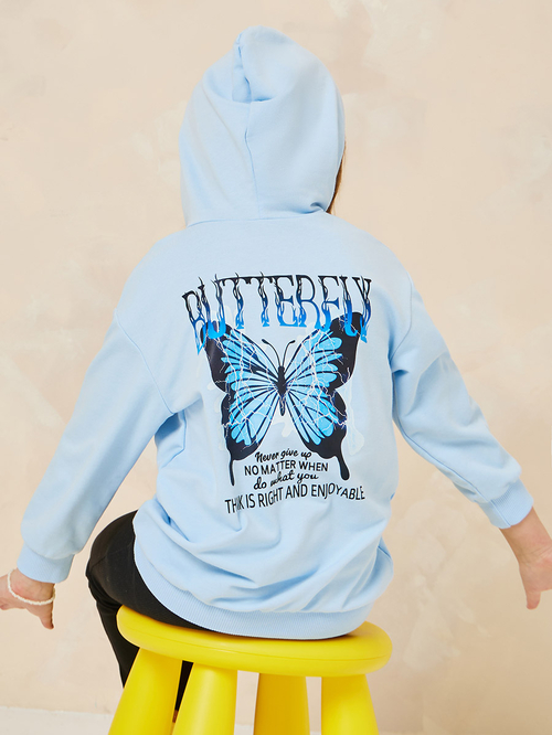 Buy Butterfly Print Drop Shoulder Hoodie Light Blue For Kids Styli Kuwait