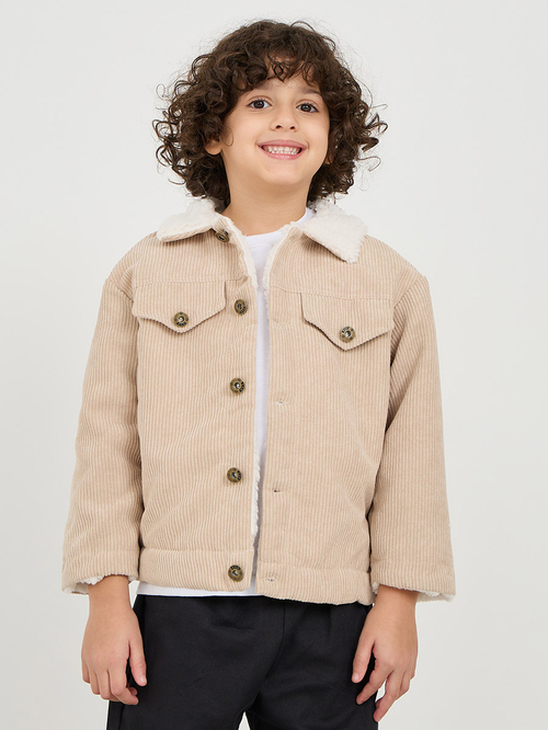 Buy Teddy Lined Drop Shoulder Corduroy Jacket Beige For Kids Styli Bahrain