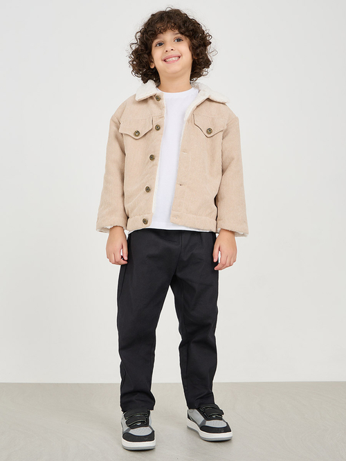 Buy Teddy Lined Drop Shoulder Corduroy Jacket Beige For Kids Styli Kuwait