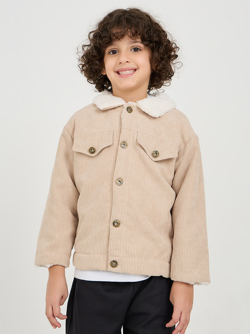 Buy Teddy Lined Drop Shoulder Corduroy Jacket Beige For Kids Styli Bahrain