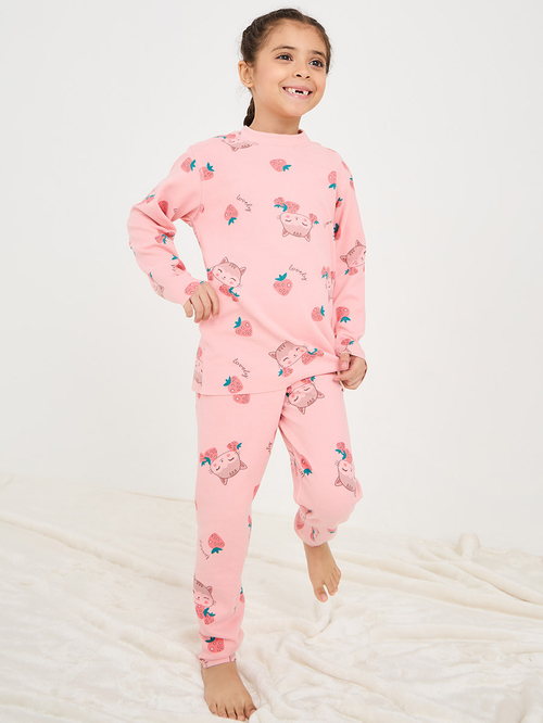 Buy Cartoon Print Longline Top Pyjama Set Pink For Kids Styli Bahrain