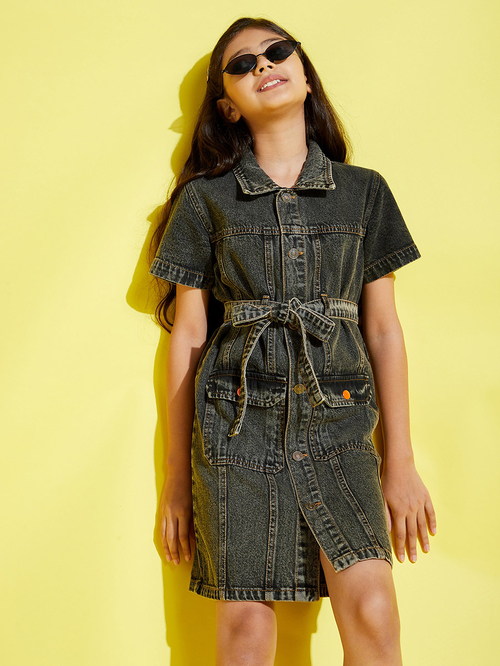 Buy Front Button Denim Shirt Dress with Tie Belt Black For Kids Styli Saudi