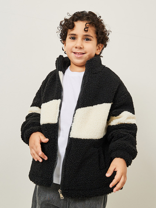 Buy Colorblock Longline Teddy Jacket Black For Kids Styli Kuwait