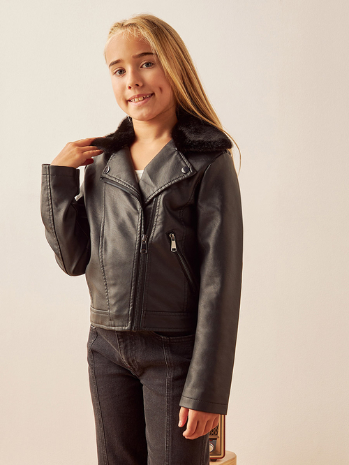 Buy Leather Look Jacket with Faux Fur Collar Black For Kids Styli Kuwait