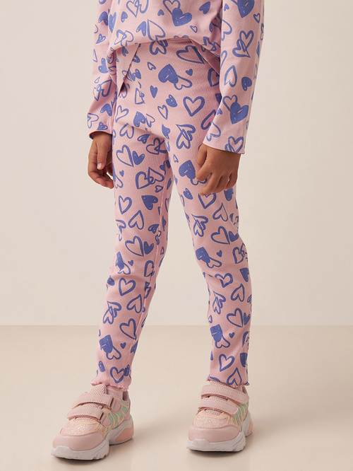 Buy All Over Heart Print Ribbed Leggings Pink For Kids Styli Saudi