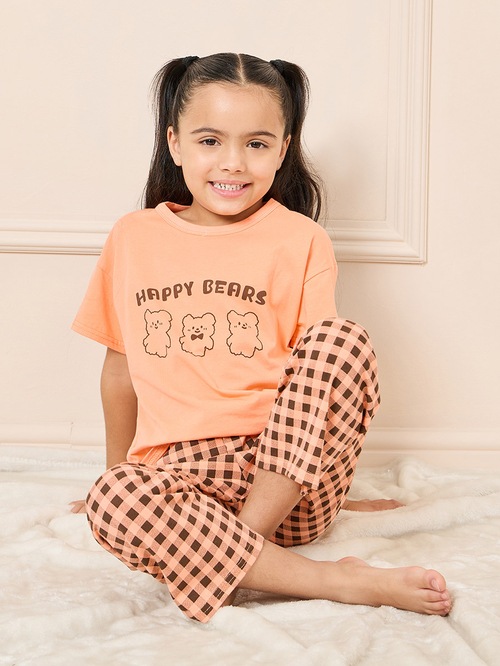 Buy Cartoon Print and Checked Pyjama Set Orange For Kids Styli UAE