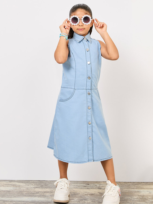 Buy Pocket Detail Denim Shirt Dress Blue For Kids Styli Kuwait